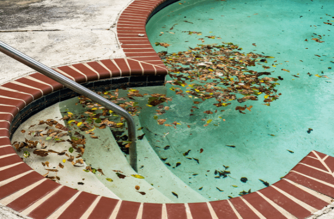 Pool winterization - pool with fallen leaves collected inside of it